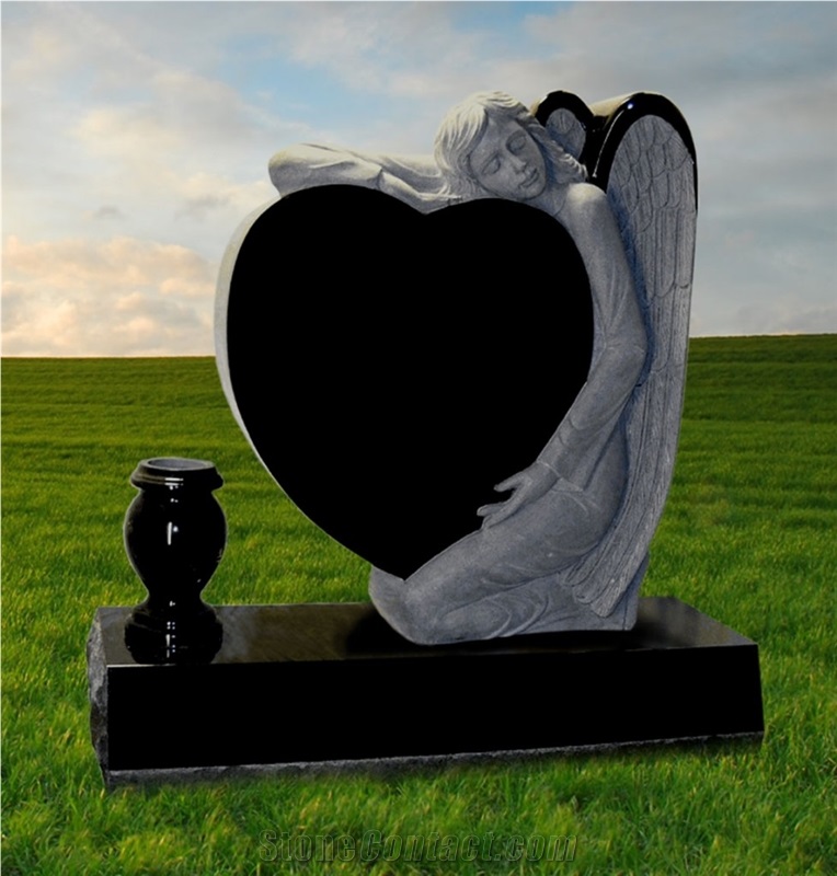 China Nero Assoluto Shanxi Black Granite Weeping Angel Heart Tombstone with Base / Gravestone