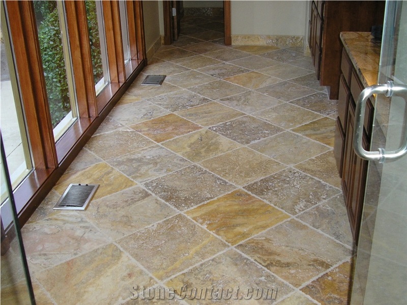 Brushed Golden Travertine Kitchen Floor Installation