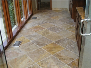 Brushed Golden Travertine Kitchen Floor Installation