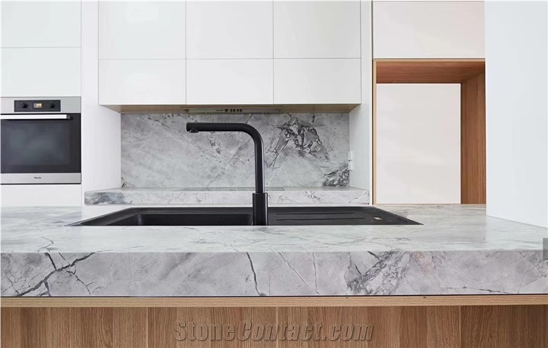 Statuario Silver Grey Marble Kitchen Island Top