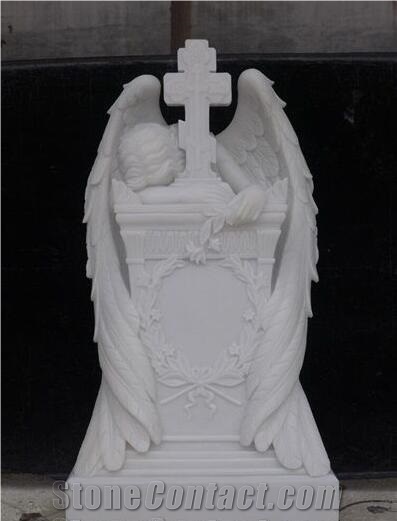 White Marble Handcarving Weeping Angel Cross Headstone / Tombstone