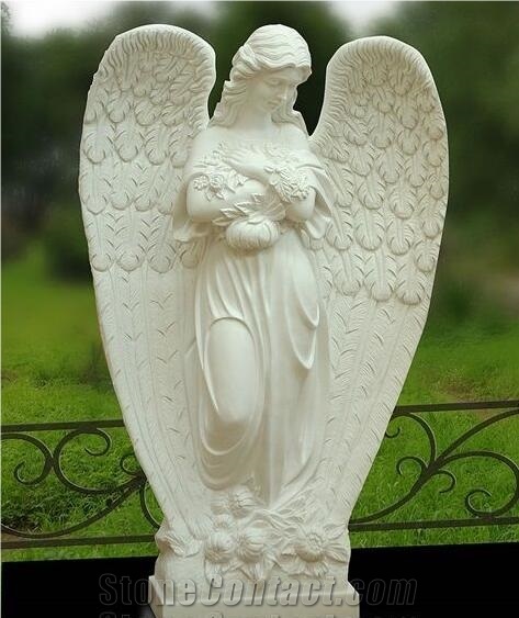 White Marble Handcarving Weeping Angel Cross Headstone / Tombstone