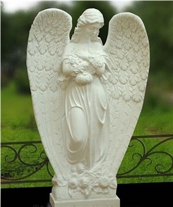 White Marble Handcarving Weeping Angel Cross Headstone / Tombstone