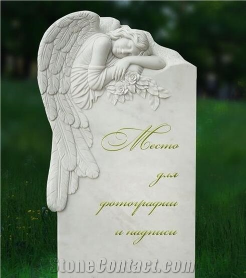 White Marble Handcarving Weeping Angel Cross Headstone / Tombstone
