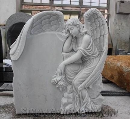 White Marble Handcarving Weeping Angel Cross Headstone / Tombstone