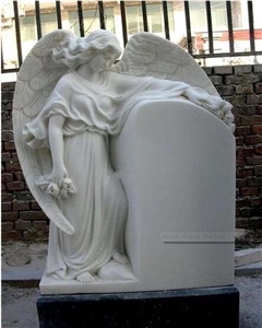 White Marble Handcarving Weeping Angel Cross Headstone / Tombstone