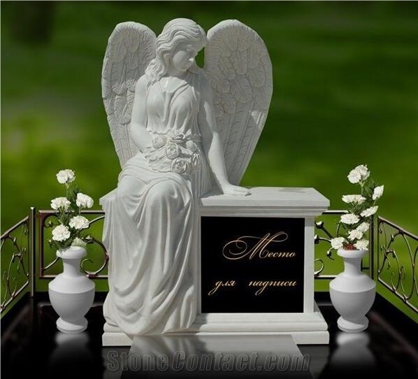 White Marble Handcarving Weeping Angel Cross Headstone / Tombstone