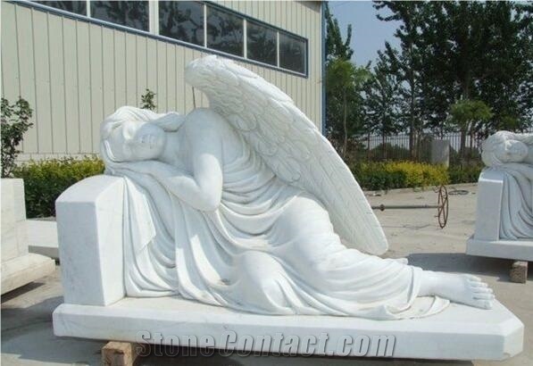 White Marble Mourning Engraved Angel Tombstone