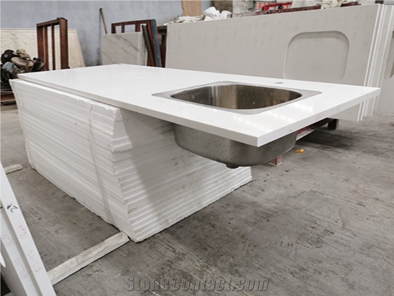 Dandelion White Quartz Kitchen Prefab Countertops