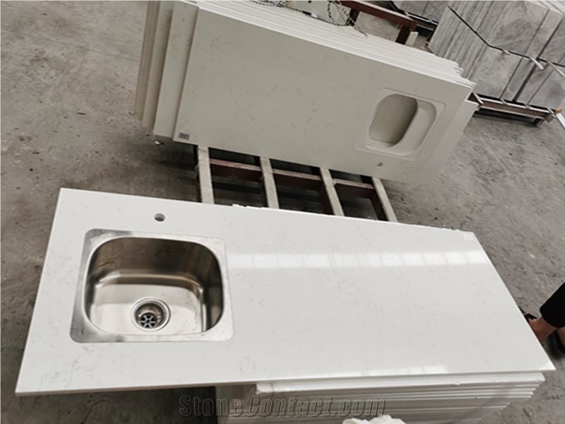 Dandelion White Quartz Kitchen Prefab Countertops