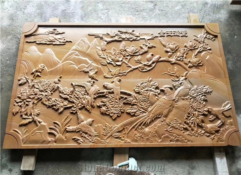 Chinese Yellow Sandstone Honed Relievos Engravings