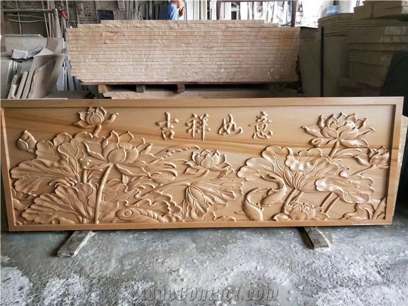 Chinese Yellow Sandstone Honed Relievos Engravings