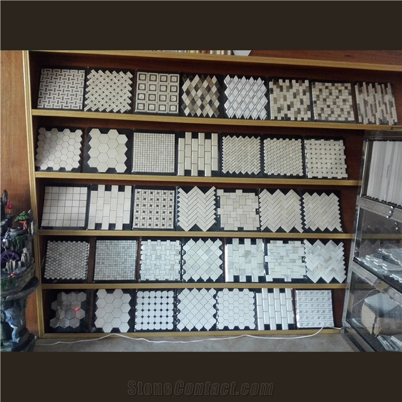 White Wooden Marble Slabs Grey Mosaic Tiles