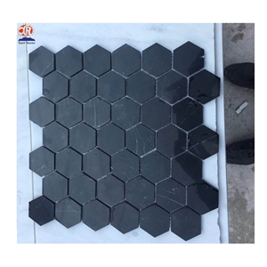 Black Marble Mosaic Honed Herringbone Round Shape
