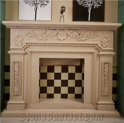 Yellow Limestone Fireplace Sculptured Fireplace