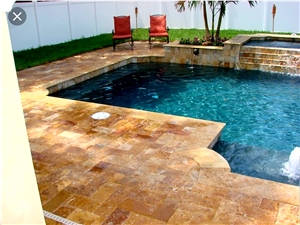 Gold Travertine Versailles Pattern Pool Pavers, Gold Tumbled Travertine French Pattern Pool Coping