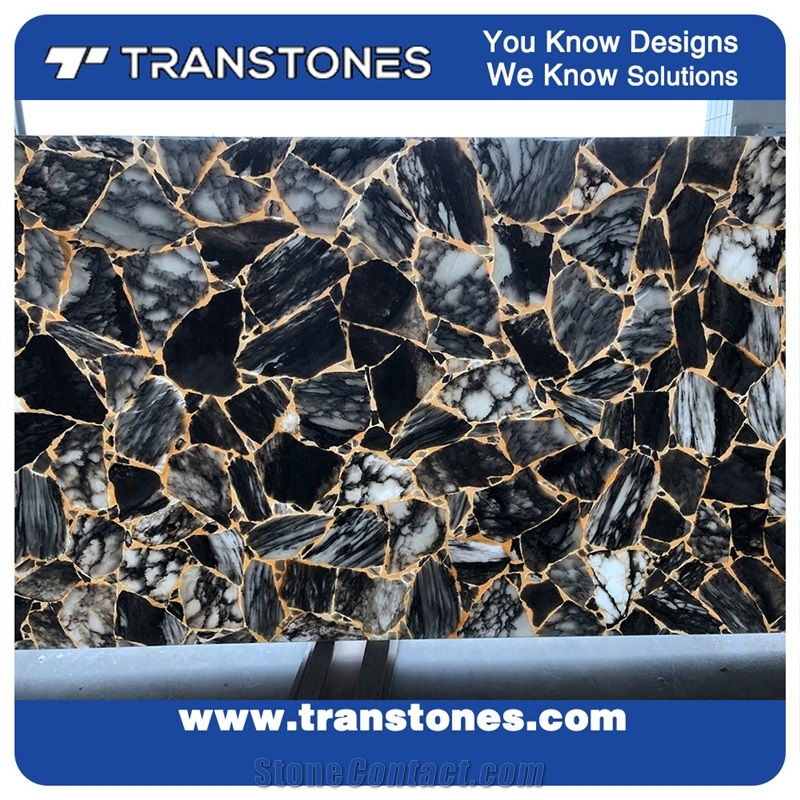 Gold Veins Black Real Onyx Slices Alabaster Sheet