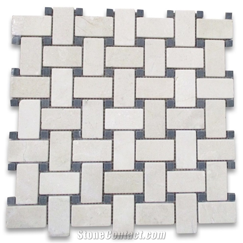 Crema Marfil 1x2 Basketweave Mosaic Black Tumbled