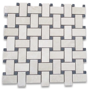 Crema Marfil 1x2 Basketweave Mosaic Black Tumbled