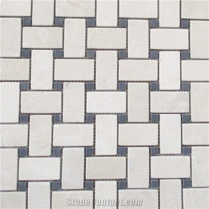 Crema Marfil 1x2 Basketweave Mosaic Black Tumbled
