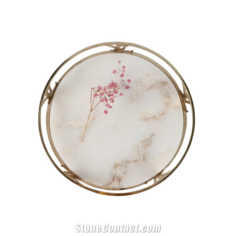 White Round Marble Serving Tray with Gold Surround