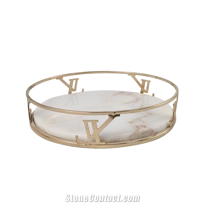 White Round Marble Serving Tray with Gold Surround