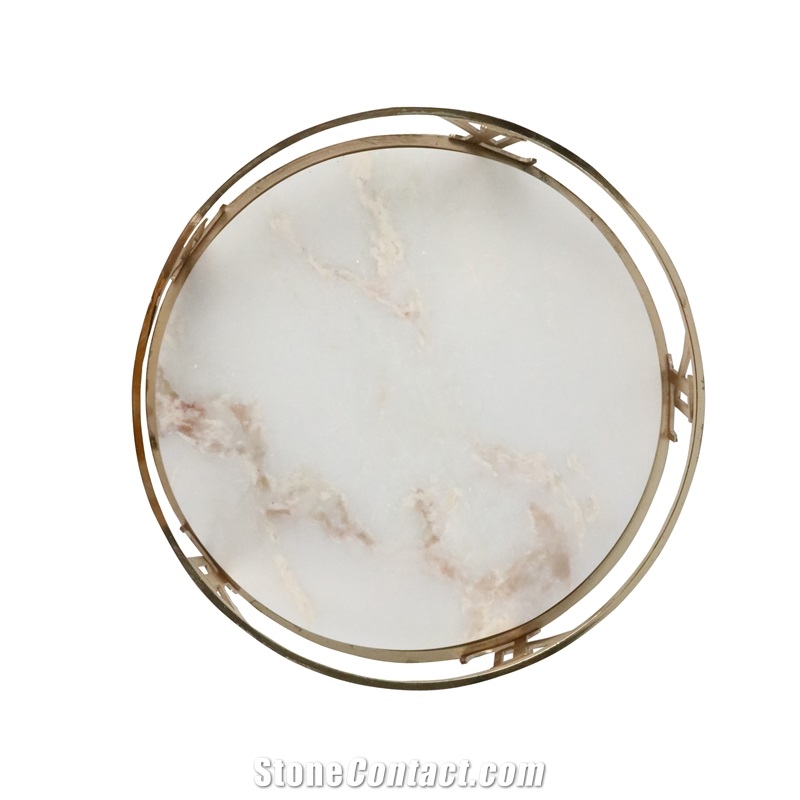 White Round Marble Serving Tray with Gold Surround