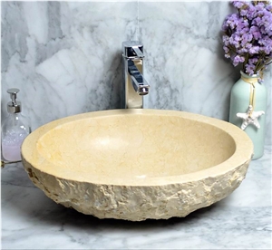 Natural Beige Stone Round Vessel Sink Wash Basins