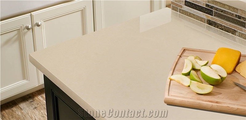 Beige Colour Quartz Kitchen Countertop, Island Top