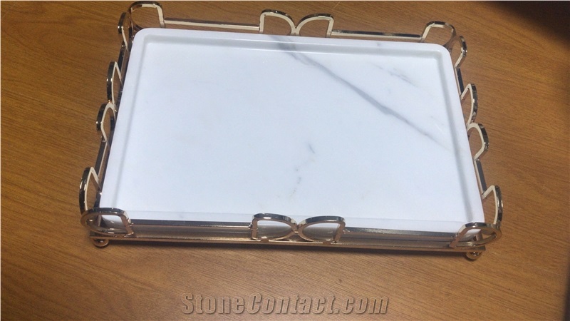 Marble Tray with Metal Holder, Calacatta