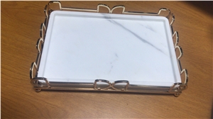Marble Tray with Metal Holder, Calacatta