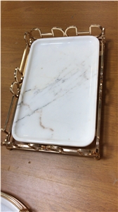 Marble Tray with Metal Holder, Calacatta