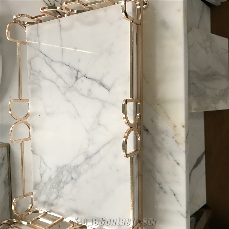 Marble Tray with Metal Holder, Calacatta