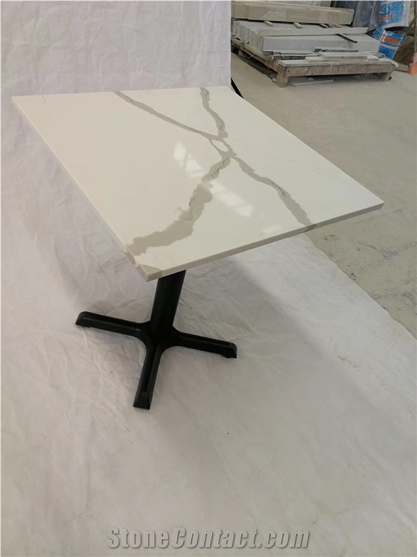 Artificial Calacatta White Quartz Stone Coffee Table with Metal Legs
