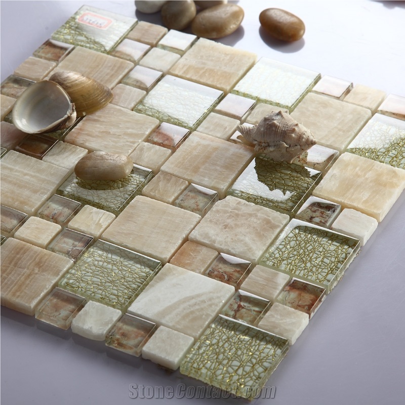 White Limestone Mix Crystal Glass Mosaic Panel