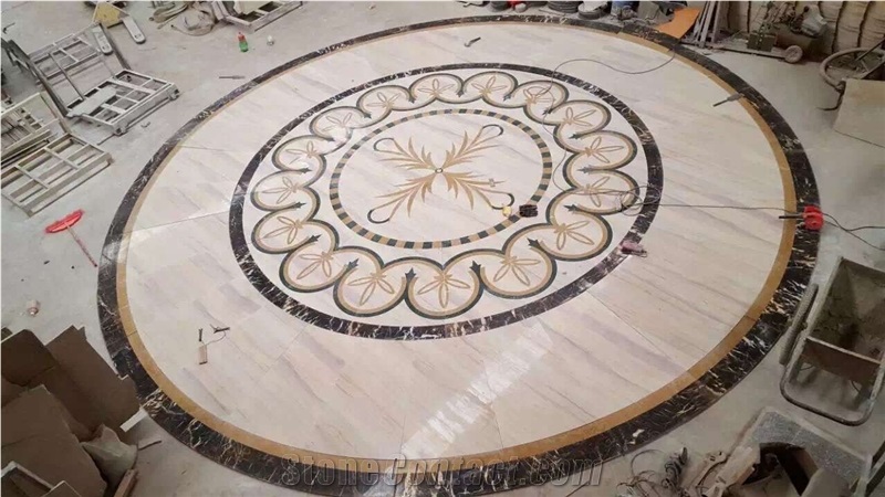 Bianco Dolomite Mix Portoro Marble Round Lobby Floor Medallion