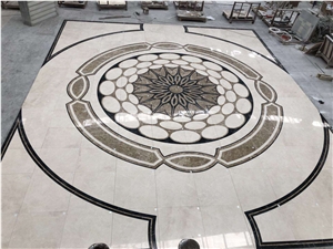 Bianco Dolomite Mix Portoro Marble Round Lobby Floor Medallion