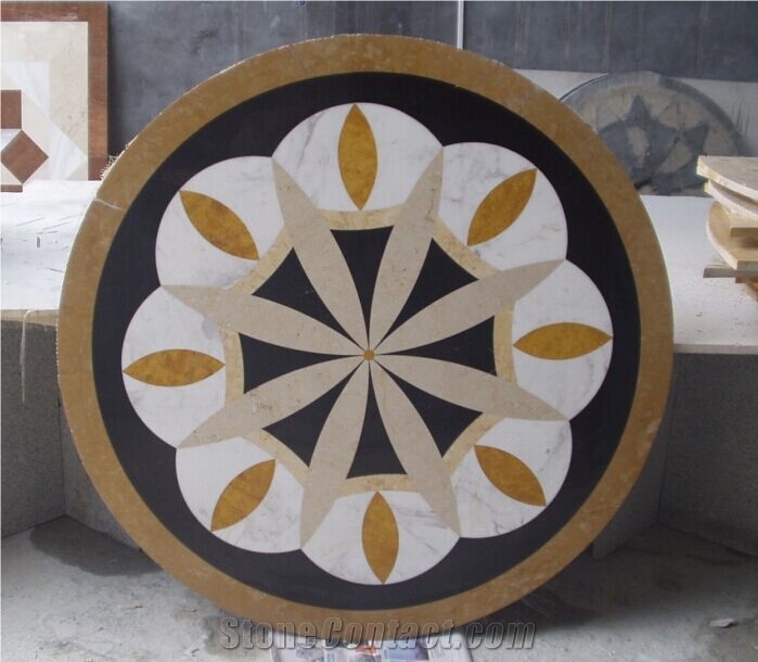 Bianco Dolomite Mix Portoro Marble Round Lobby Floor Medallion