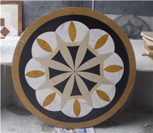Bianco Dolomite Mix Portoro Marble Round Lobby Floor Medallion