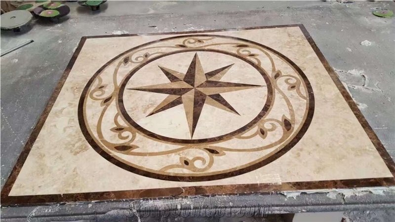 Bianco Dolomite Mix Portoro Marble Round Lobby Floor Medallion