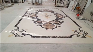 Bianco Dolomite Mix Portoro Marble Round Lobby Floor Medallion