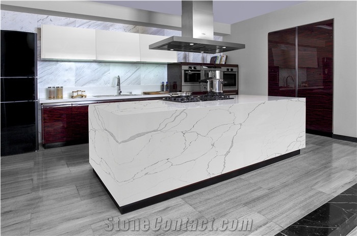 White Calacatta Quartz Island Countertop Villa Design