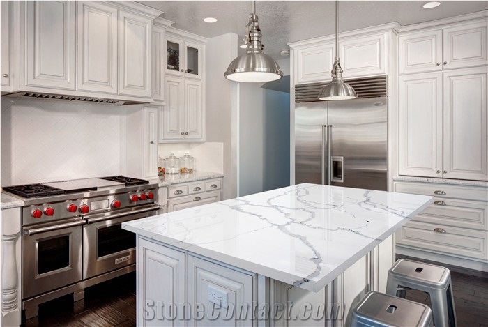 White Calacatta Quartz Island Countertop Villa Design