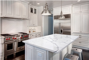 White Calacatta Quartz Island Countertop Villa Design