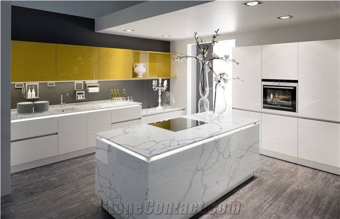 White Calacatta Quartz Island Countertop Villa Design