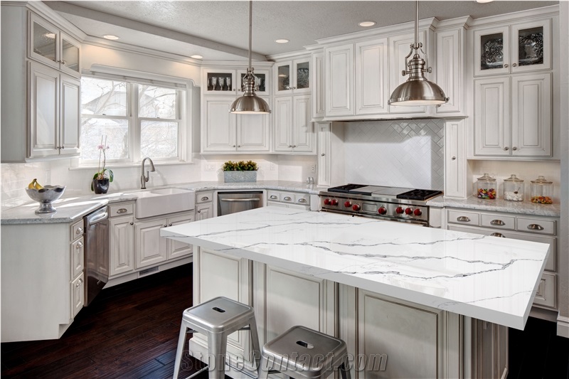 White Calacatta Quartz Stone Kitchen Island Top
