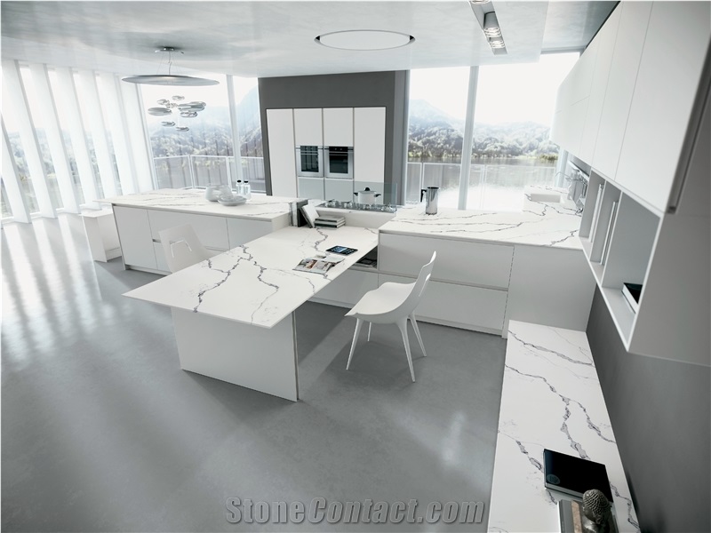 White Calacatta Quartz Stone Kitchen Island Top