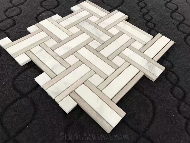 White Marble Basketweave Mosaic Tile Walling