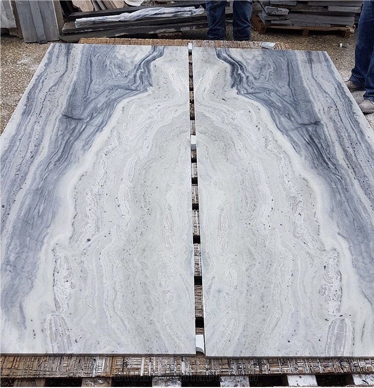 Blue Storm Marble Tiles, Booktmatched Slabs