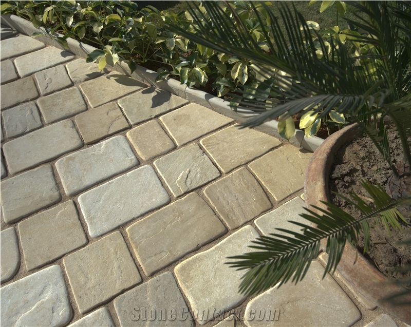 Mint Tumbled Sandstone Hand Cut Paving Setts